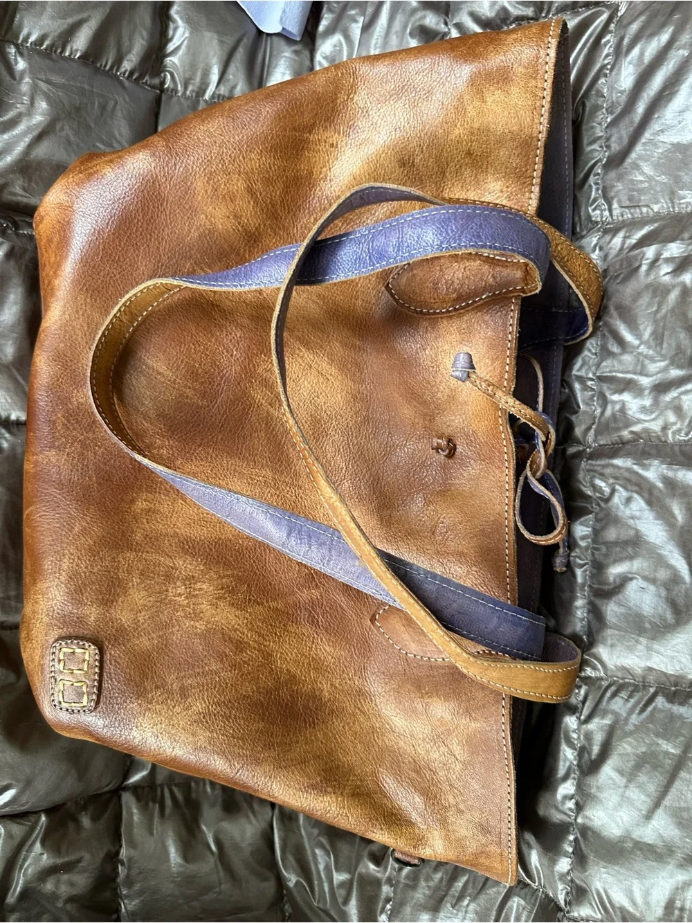 Bed Stu Tote Bag in Brown reversible into Purple Blue